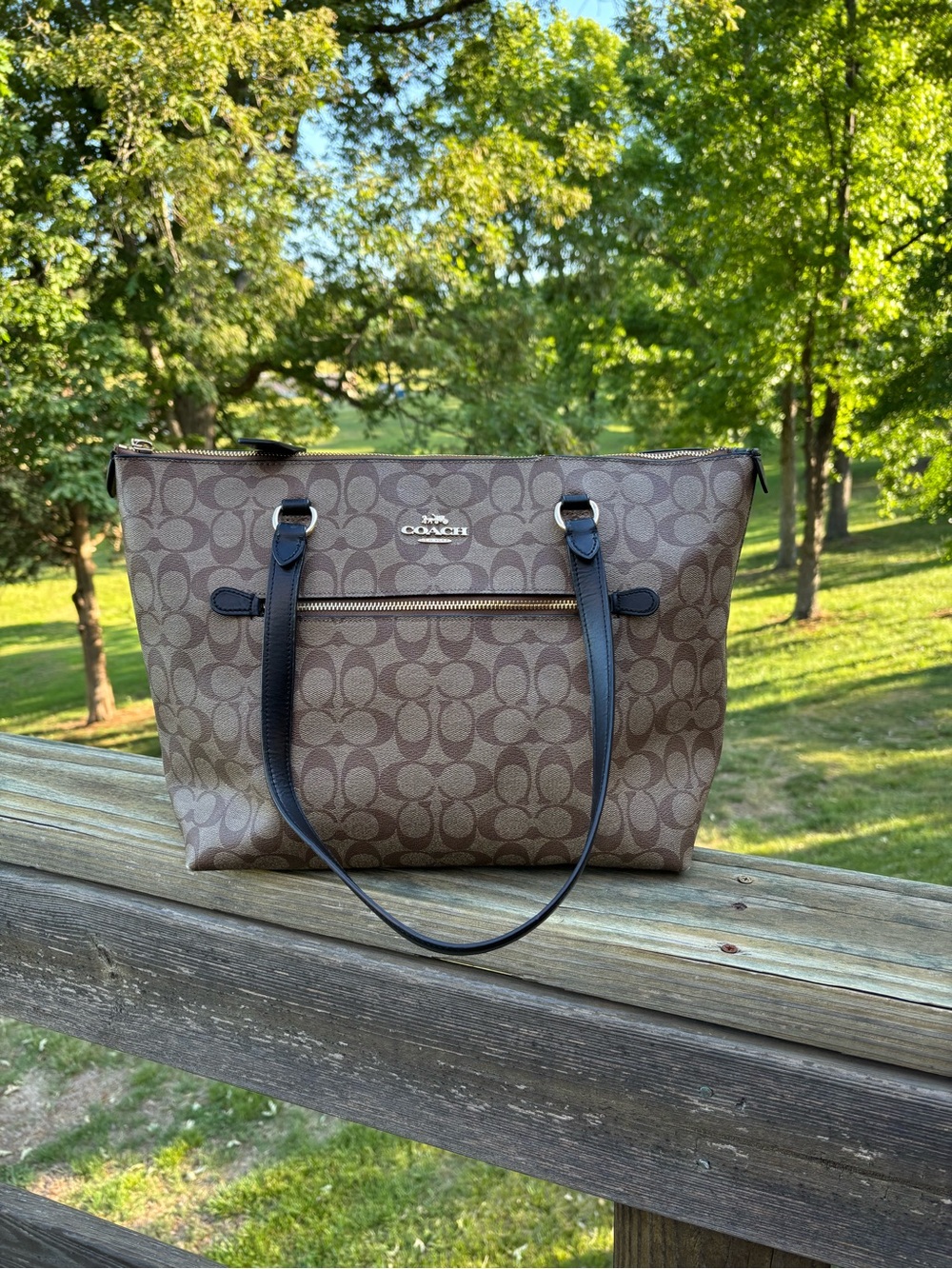 Coach Signature Tote Brown With Leather Charm